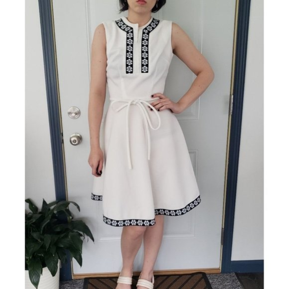 60s/70s White Polyester Dress with Black Accents